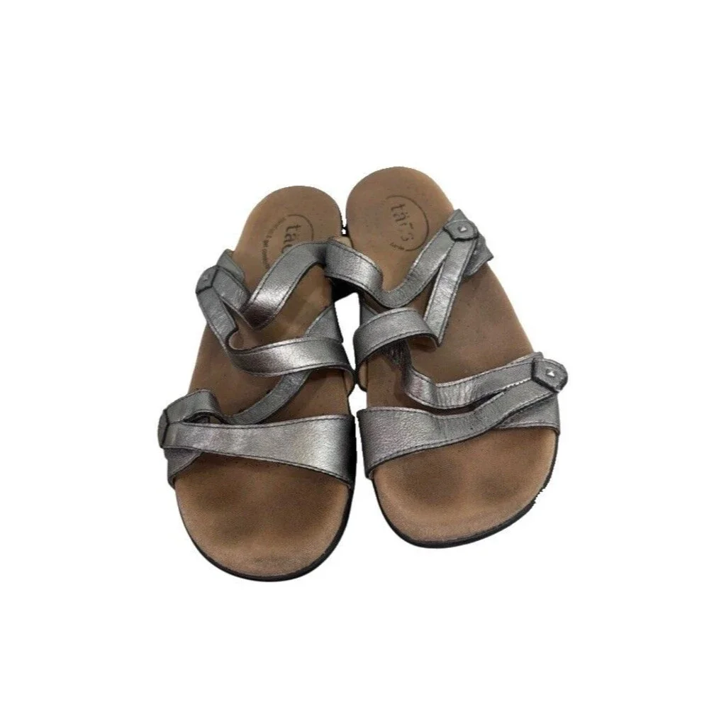 Taos Womens Size 8 Metallic Pewter  Leather Double U Slide